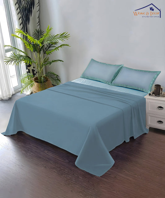 Pastel Blue Solid  Flat Double Bedsheet With 2 Pillow Covers