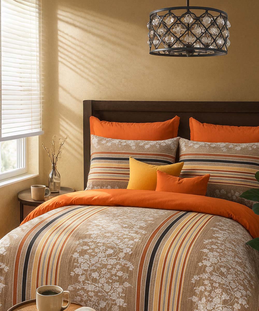 Rustic Stripe Charm – 200 GSM Pure Cotton Double Bedsheet with Pillow Covers |90x100 inches