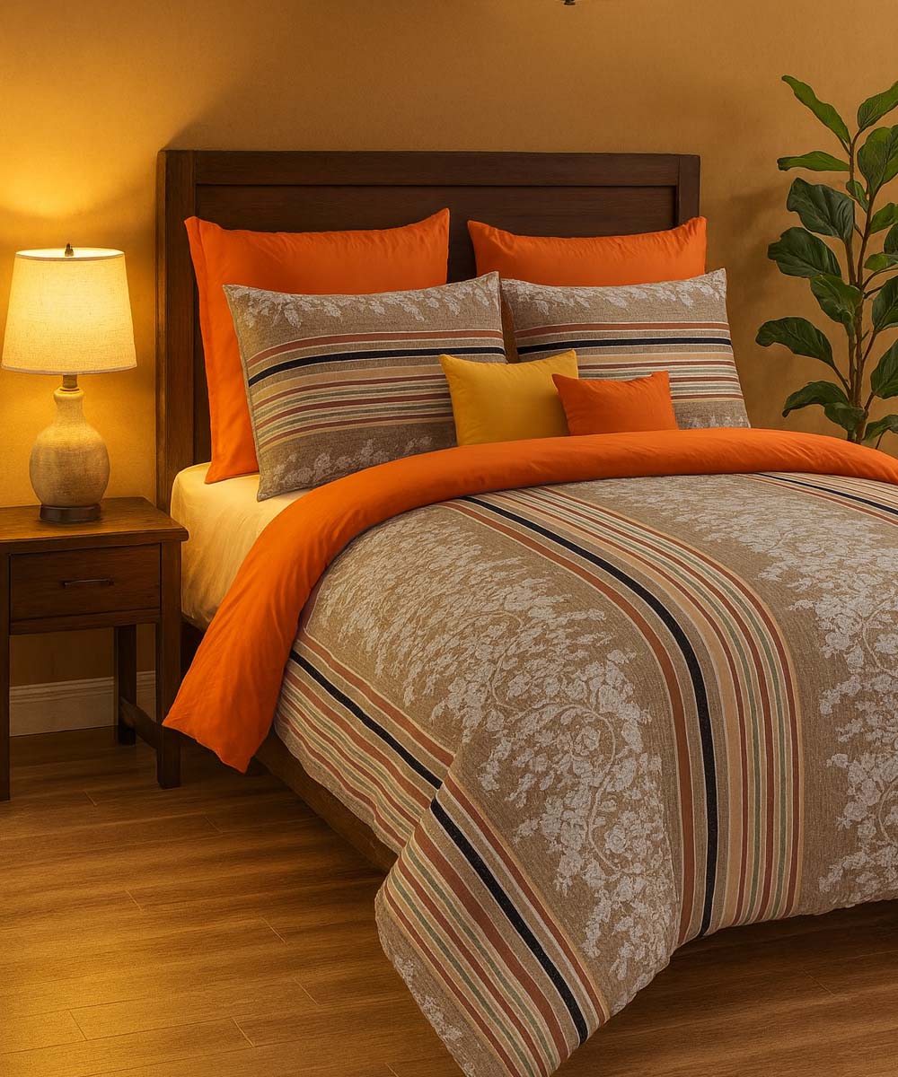 Rustic Stripe Charm – 200 GSM Pure Cotton Double Bedsheet with Pillow Covers |90x100 inches