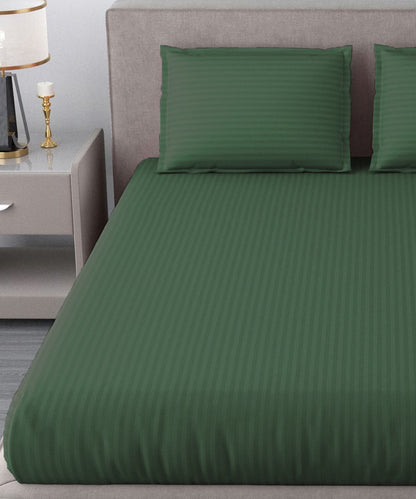 Dark Green Satin Stripe Flat Double Bedsheet With 2 Pillow Covers