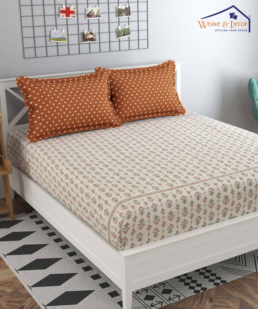 Orange Floral King Size Bedsheet With 2 Pillow Covers