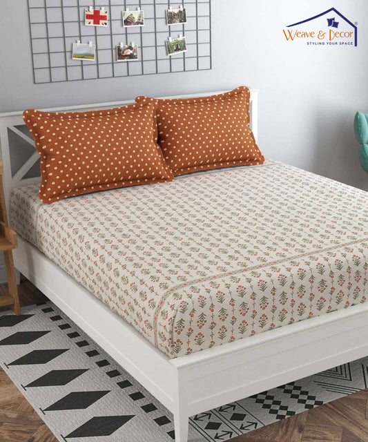 Orange Floral King Size Bedsheet With 2 Pillow Covers