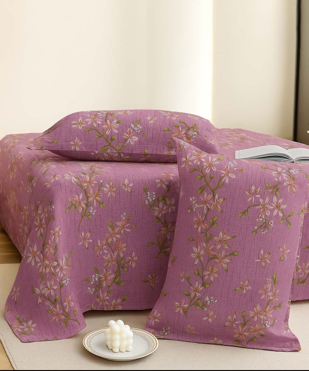 Blossom Pink Grace – 200 GSM Pure Cotton Double Bedsheet with Pillow Covers |90x100 inches