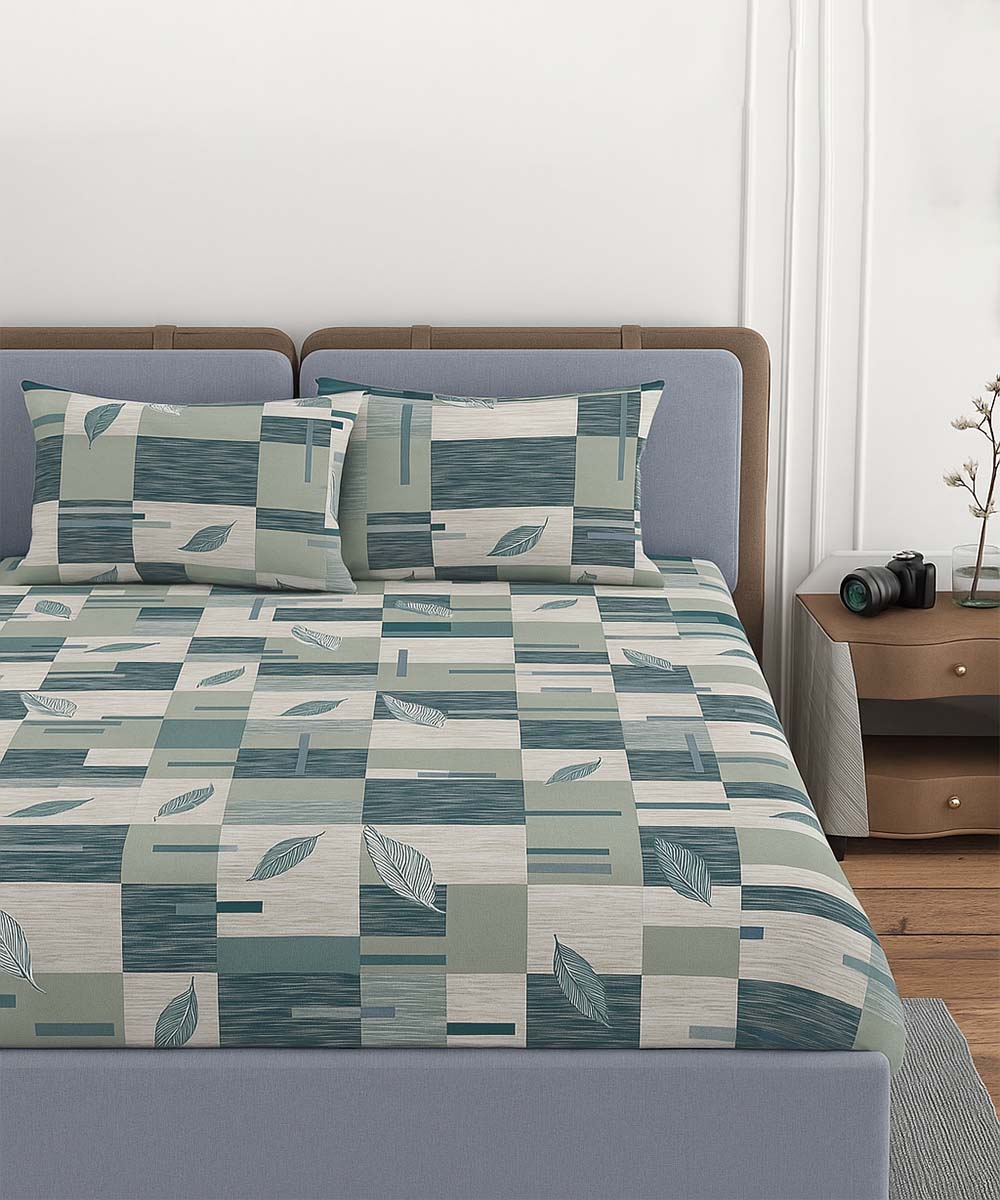 Aqua Leaf Harmony – 200 GSM Pure Cotton Double Bedsheet with Pillow Covers | 90x100 inches
