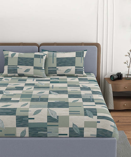 Aqua Leaf Harmony – 200 GSM Pure Cotton Double Bedsheet with Pillow Covers | 90x100 inches
