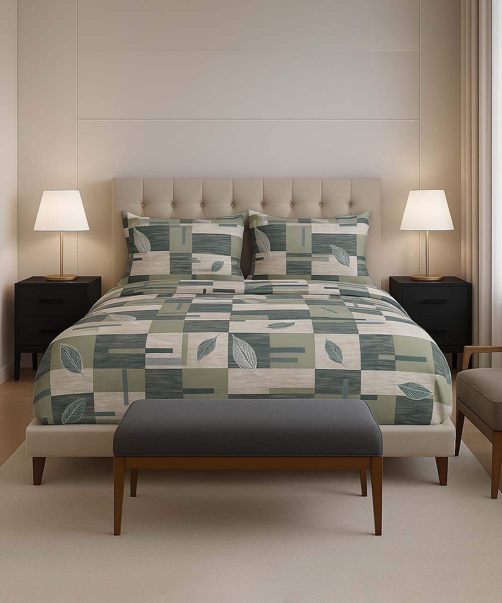 Aqua Leaf Harmony – 200 GSM Pure Cotton Double Bedsheet with Pillow Covers | 90x100 inches