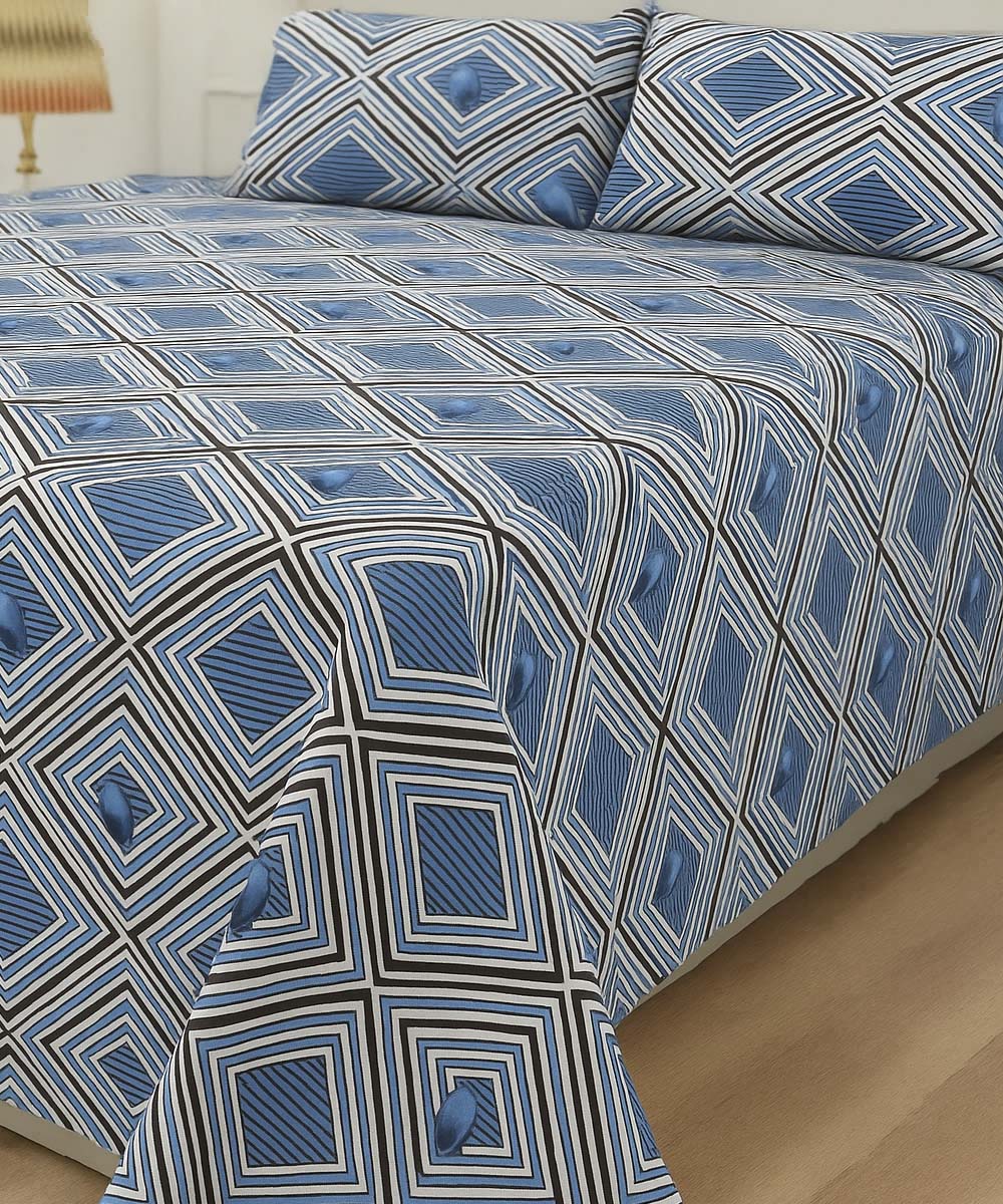 Blue Diamond Harmony – 200 GSM Pure Cotton Double Bedsheet with Pillow Covers |90x100 inches