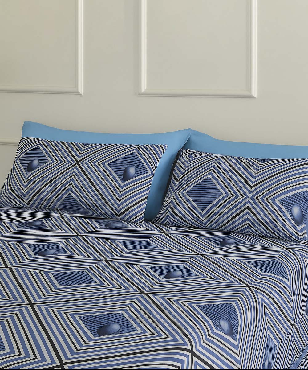 Blue Diamond Harmony – 200 GSM Pure Cotton Double Bedsheet with Pillow Covers |90x100 inches