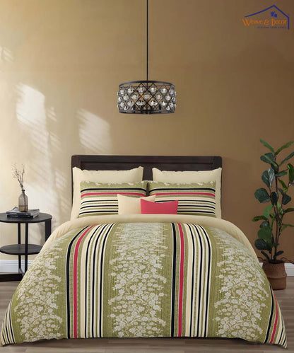 Olive Bloom Stripes – 200 GSM Pure Cotton Double Bedsheet with Pillow Covers |90x100 inches