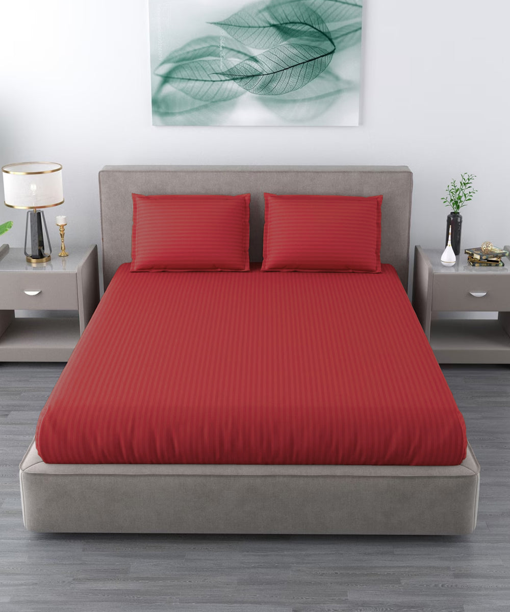 Red Satin Stripe King Size Bedsheet With 2 Pillow Covers
