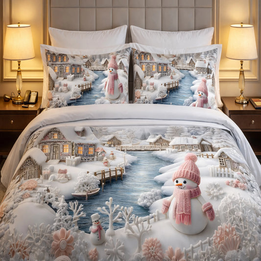 Winter Wonderland Snowman 7D Flat Double Bedsheet with 2 Pillow Covers