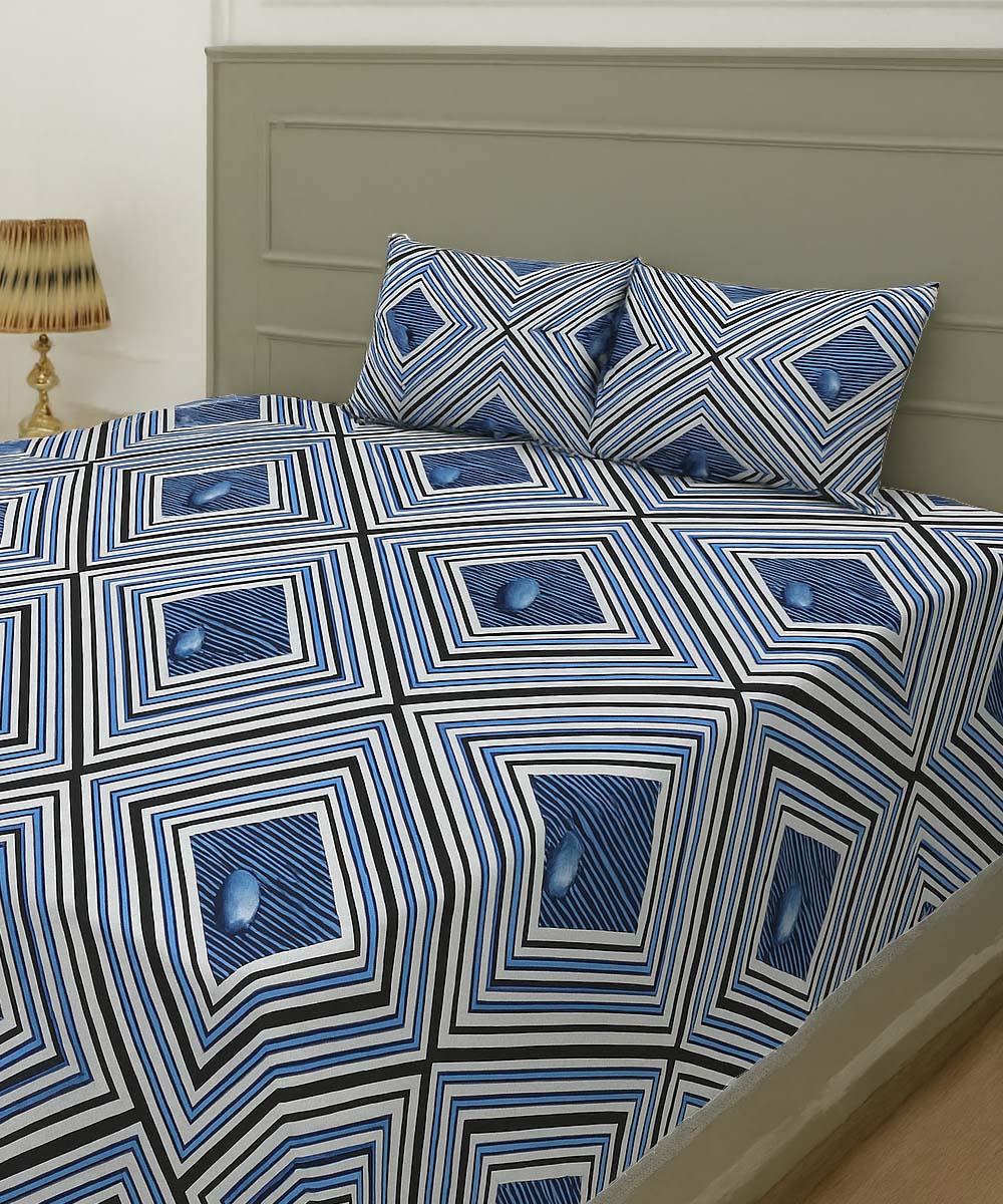 Blue Diamond Harmony – 200 GSM Pure Cotton Double Bedsheet with Pillow Covers |90x100 inches