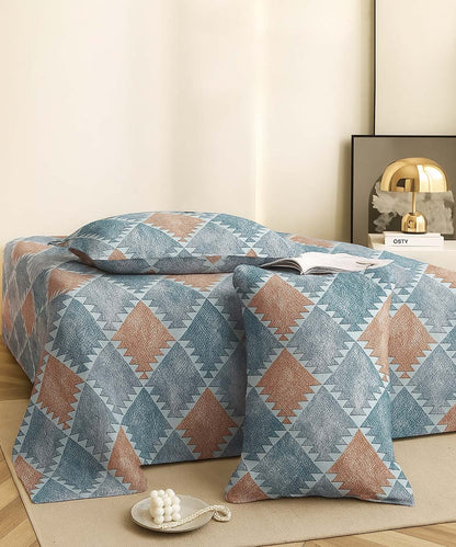 Azure Geo Harmony – 200 GSM Pure Cotton Double Bedsheet with Pillow Covers | 90x100 inches
