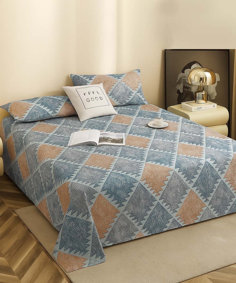 Azure Geo Harmony – 200 GSM Pure Cotton Double Bedsheet with Pillow Covers | 90x100 inches