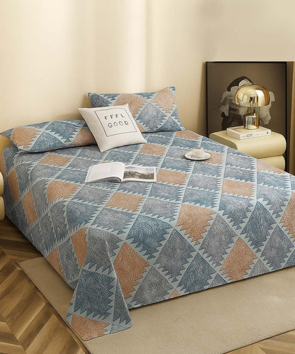 Azure Geo Harmony – 200 GSM Pure Cotton Double Bedsheet with Pillow Covers | 90x100 inches