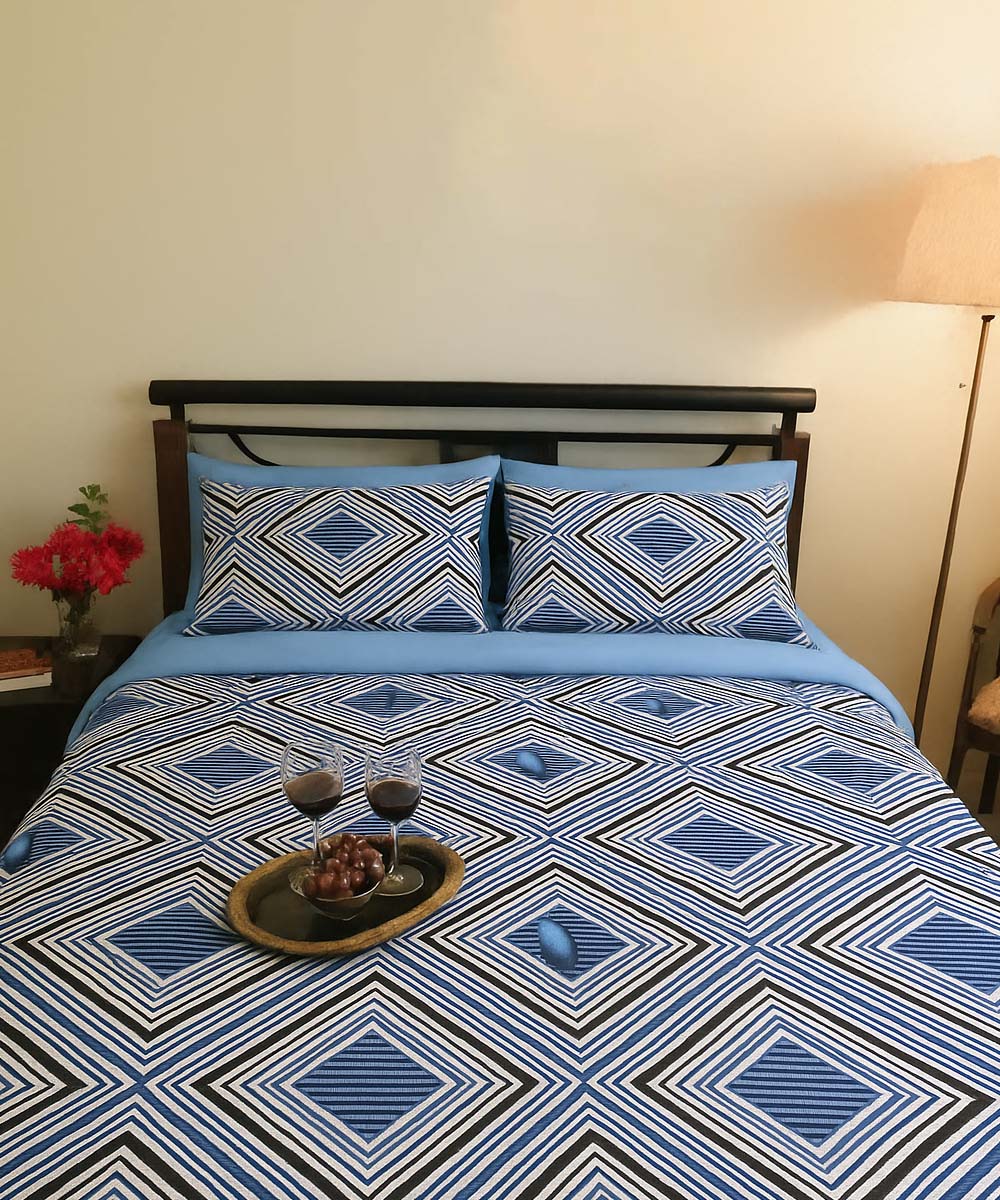Blue Diamond Harmony – 200 GSM Pure Cotton Double Bedsheet with Pillow Covers |90x100 inches