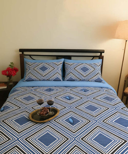 Blue Diamond Harmony – 200 GSM Pure Cotton Double Bedsheet with Pillow Covers |90x100 inches