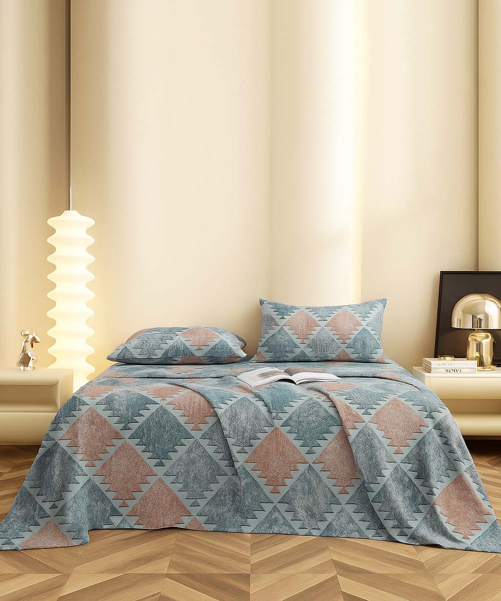 Azure Geo Harmony – 200 GSM Pure Cotton Double Bedsheet with Pillow Covers | 90x100 inches