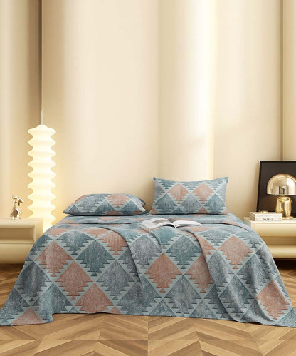 Azure Geo Harmony – 200 GSM Pure Cotton Double Bedsheet with Pillow Covers | 90x100 inches
