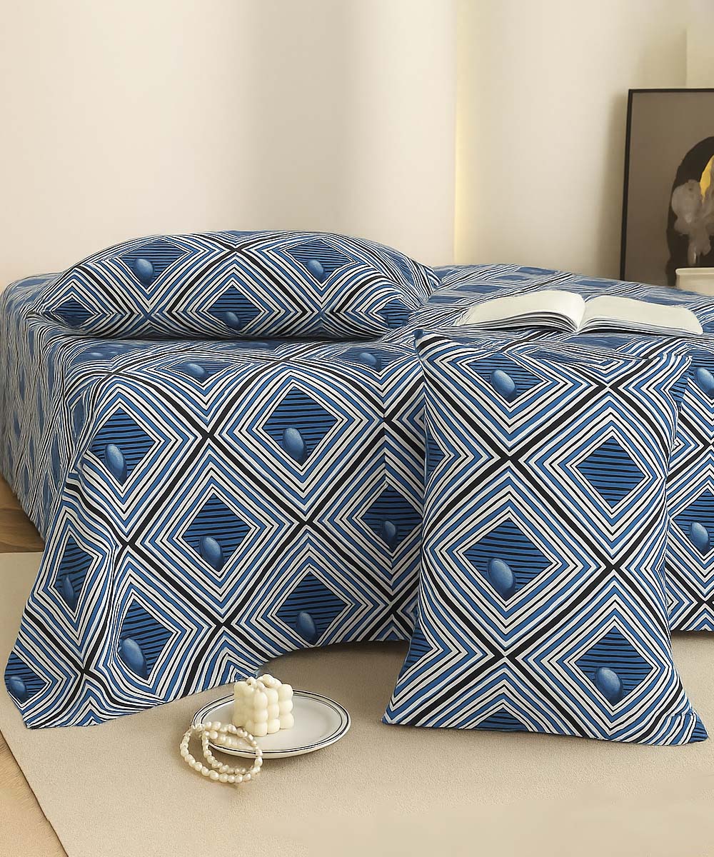 Blue Diamond Harmony – 200 GSM Pure Cotton Double Bedsheet with Pillow Covers |90x100 inches