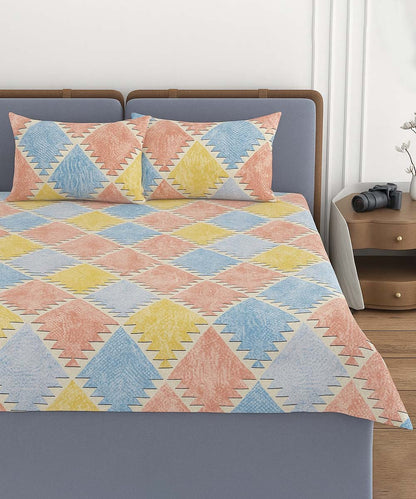 Pastel Geo Bliss – 200 GSM Pure Cotton Double Bedsheet with Pillow Covers | 90x100 inches