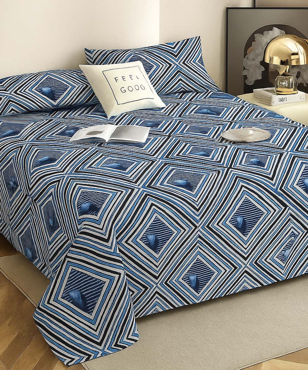 Blue Diamond Harmony – 200 GSM Pure Cotton Double Bedsheet with Pillow Covers |90x100 inches