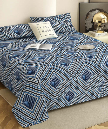 Blue Diamond Harmony – 200 GSM Pure Cotton Double Bedsheet with Pillow Covers |90x100 inches