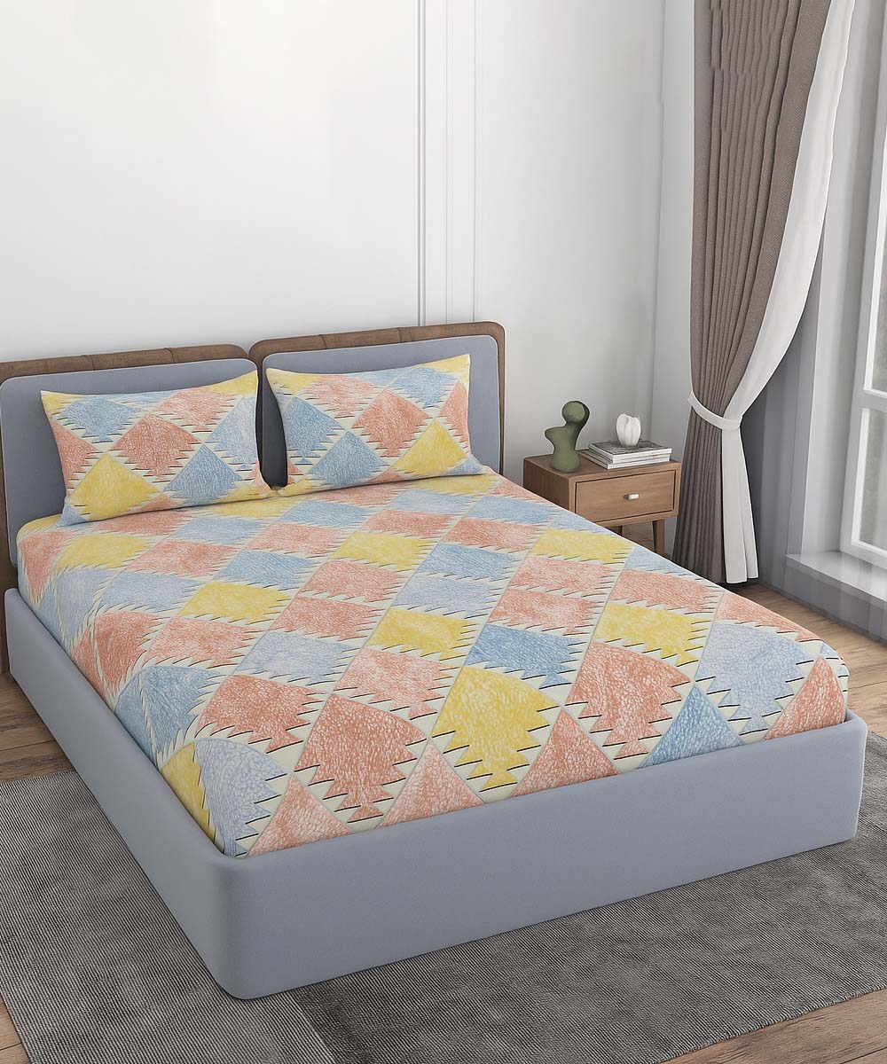 Pastel Geo Bliss – 200 GSM Pure Cotton Double Bedsheet with Pillow Covers | 90x100 inches