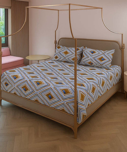 Golden Diamond Harmony – 200 GSM Pure Cotton Double Bedsheet with Pillow Covers |90x100 inches