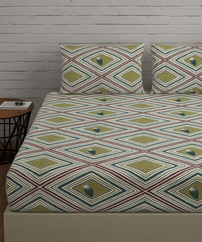Olive Diamond Harmony – 200 GSM Pure Cotton Double Bedsheet with Pillow Covers |90x100 inches