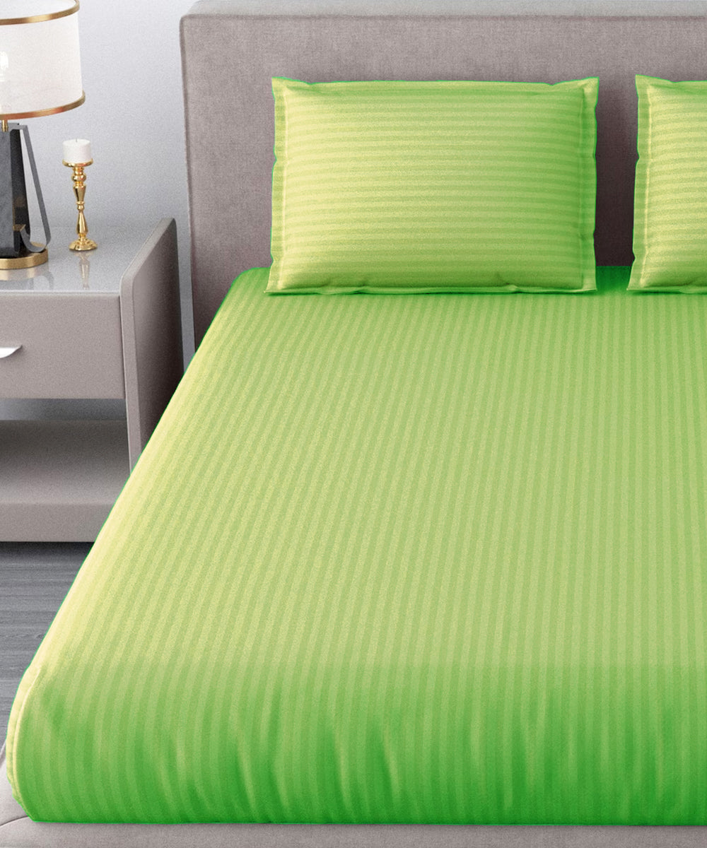 Green Satin Stripe King Size Bedsheet With 2 Pillow Covers