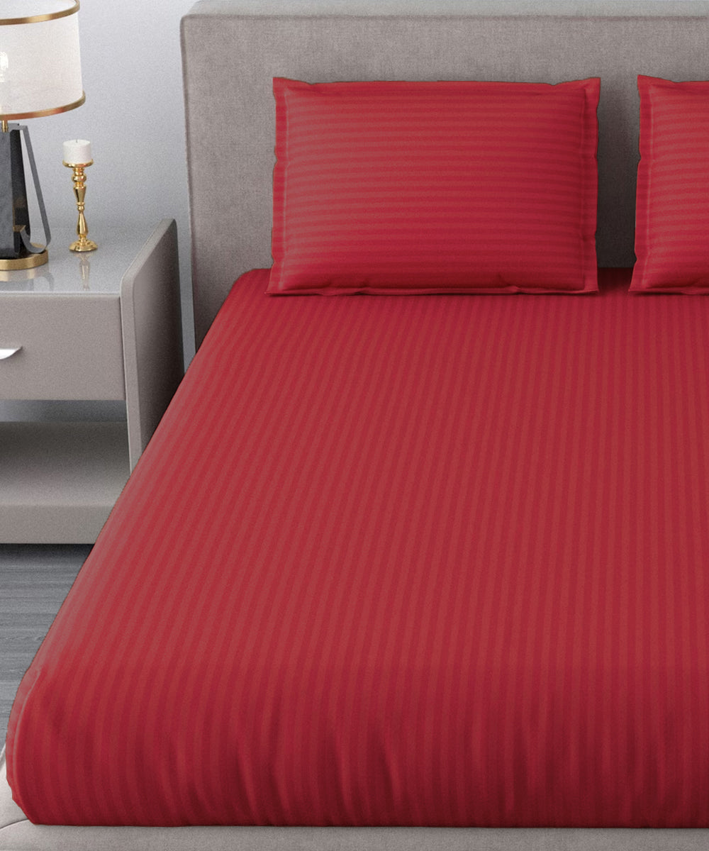 Red Satin Stripe King Size Bedsheet With 2 Pillow Covers