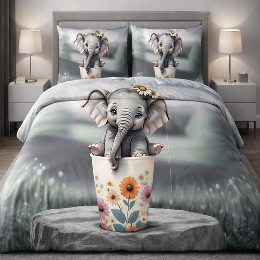 Cute Baby Elephant Floral 7D Flat Double Bedsheet with 2 Pillow Covers