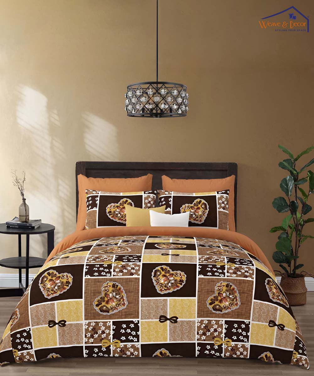 Golden Heart Harmony – 200 GSM Pure Cotton Double Bedsheet With Pillow Covers, 90x100 inches