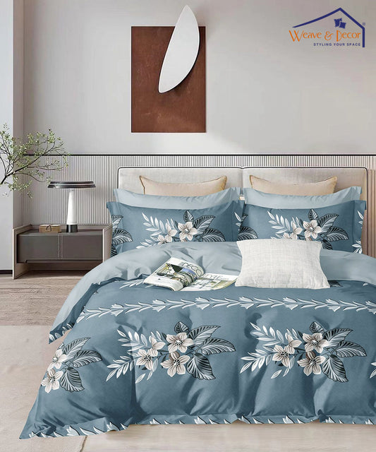 Blue Floral Single Bedsheet With 1 Pillow Cover
