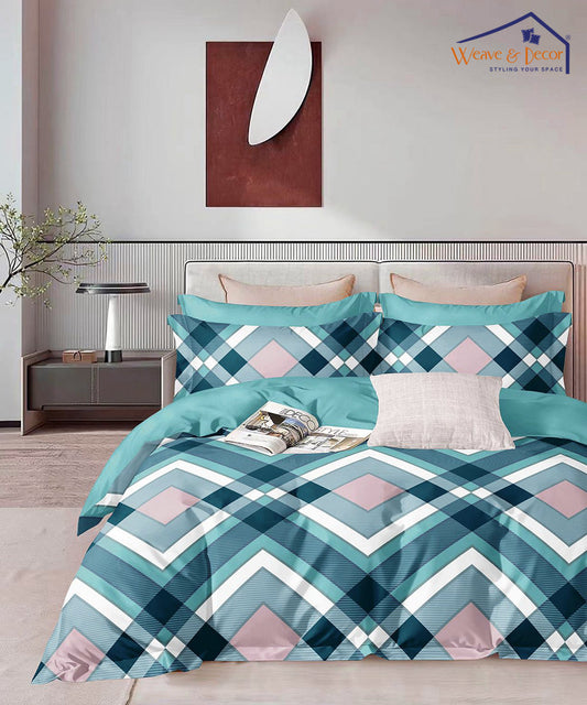 Aqua Geometric Flat Double Bedsheet With 2 Pillow Covers