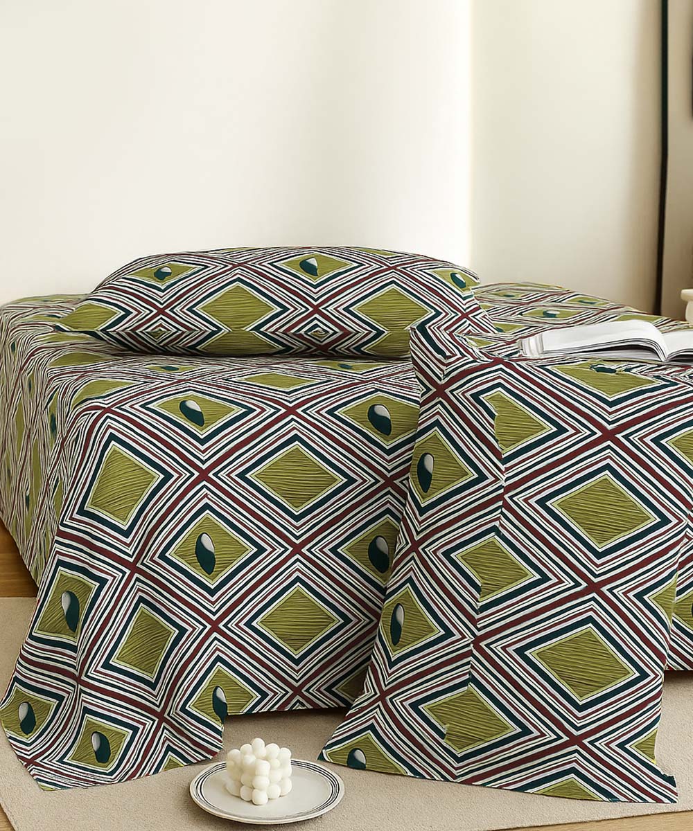 Olive Diamond Harmony – 200 GSM Pure Cotton Double Bedsheet with Pillow Covers |90x100 inches