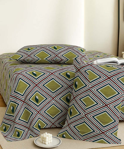 Olive Diamond Harmony – 200 GSM Pure Cotton Double Bedsheet with Pillow Covers |90x100 inches