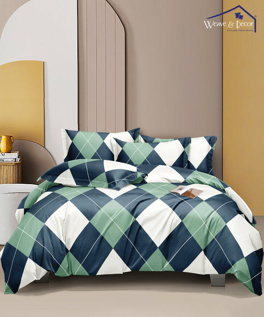 Blue-Green Geometric Flat Double Bedsheet With 2 Pillow Covers