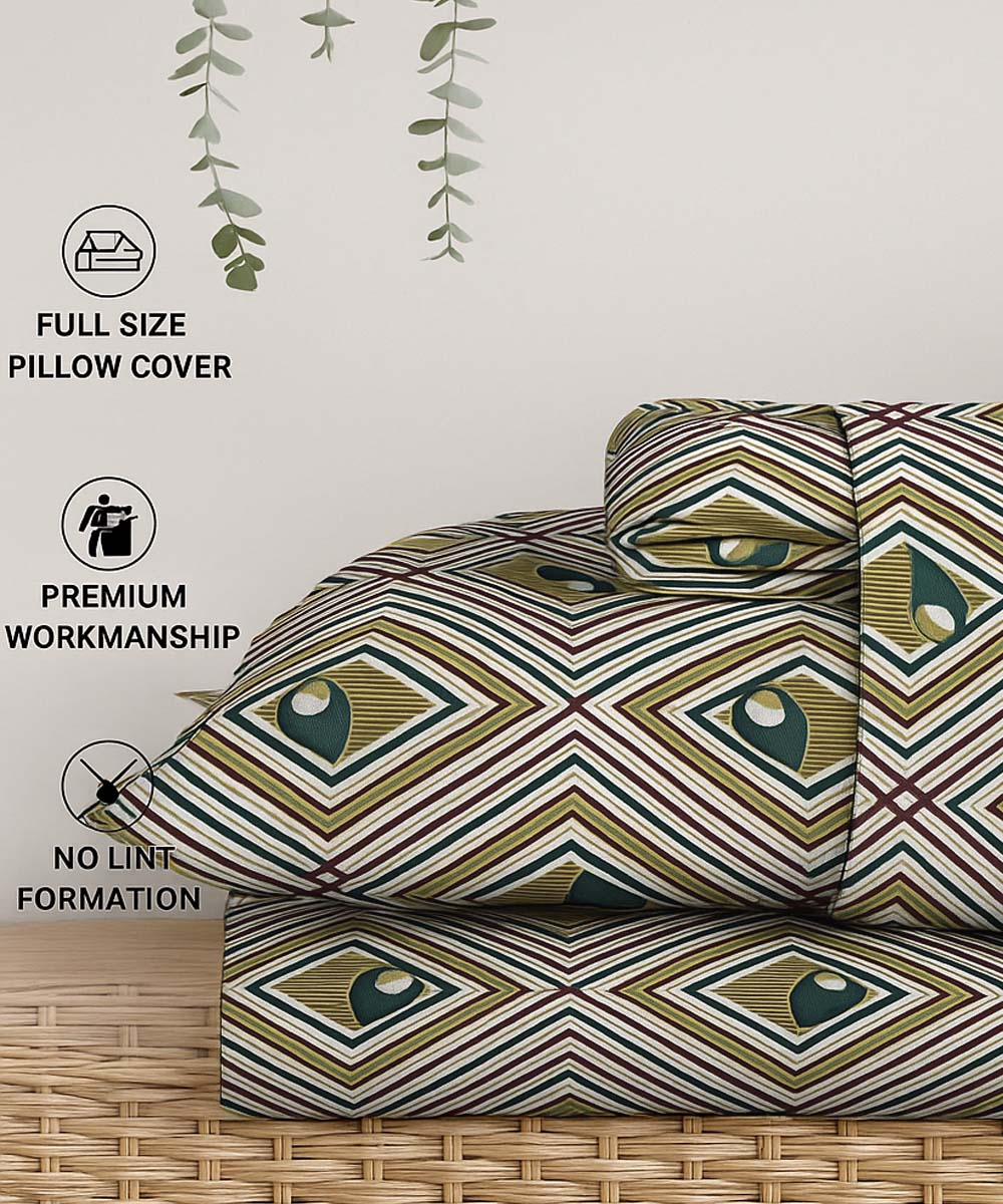 Olive Diamond Harmony – 200 GSM Pure Cotton Double Bedsheet with Pillow Covers |90x100 inches
