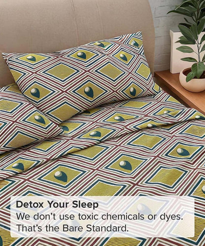 Olive Diamond Harmony – 200 GSM Pure Cotton Double Bedsheet with Pillow Covers |90x100 inches