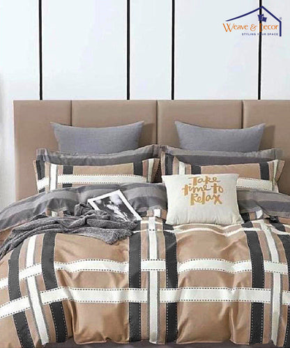 Brown Checks King Fitted Bedsheet With 2 Pillow Covers