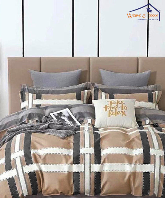 Brown Checks King Fitted Bedsheet With 2 Pillow Covers