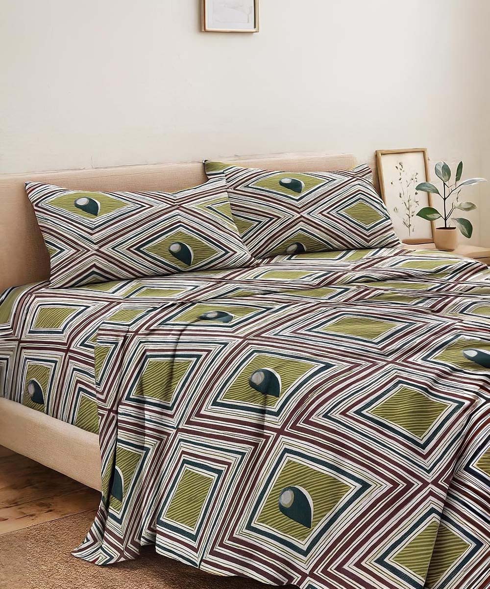 Olive Diamond Harmony – 200 GSM Pure Cotton Double Bedsheet with Pillow Covers |90x100 inches
