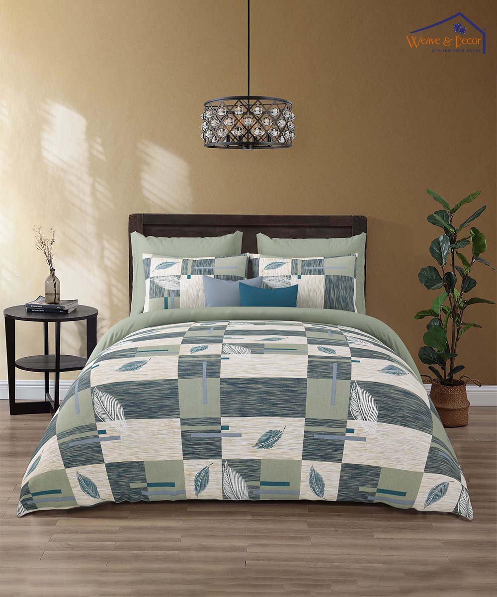 Aqua Leaf Harmony – 200 GSM Pure Cotton Double Bedsheet with Pillow Covers | 90x100 inches