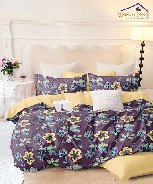 Purple Floral Flat Double Bedsheet With 2 Pillow Covers