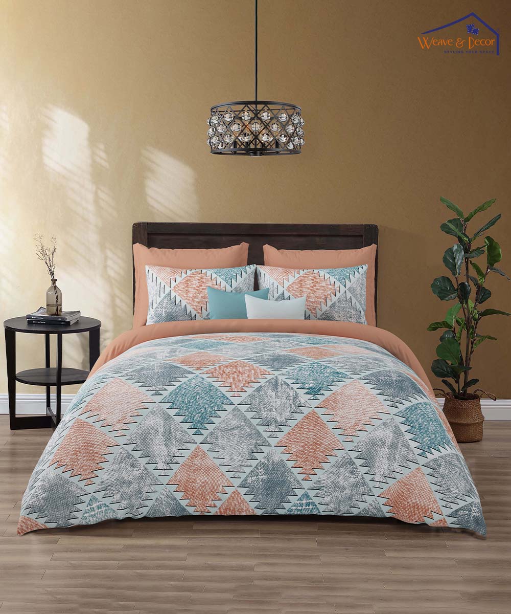 Azure Geo Harmony – 200 GSM Pure Cotton Double Bedsheet with Pillow Covers | 90x100 inches