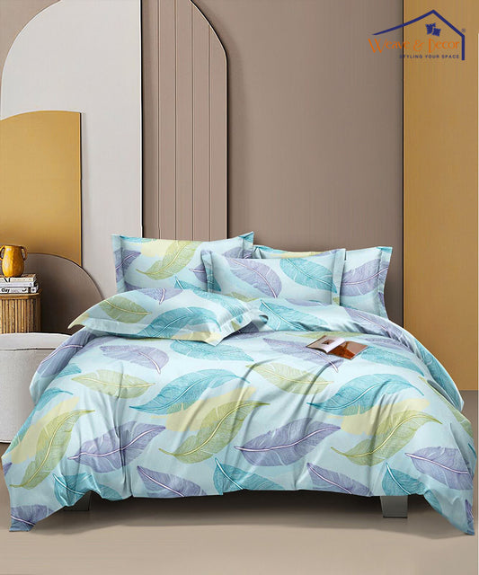 Pale  Turquoise Leafy Pattern King Size Bedsheet With 2 Pillow Cover