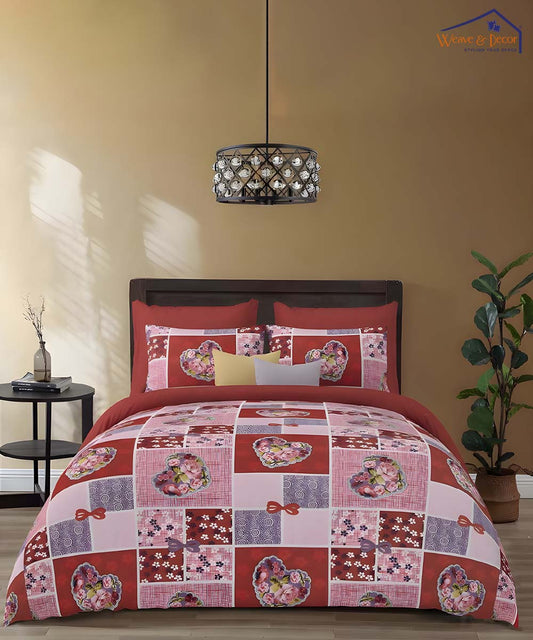 Crimson Heart Bliss – 200 GSM Pure Cotton Double Bedsheet with Pillow Covers |90x100 inches