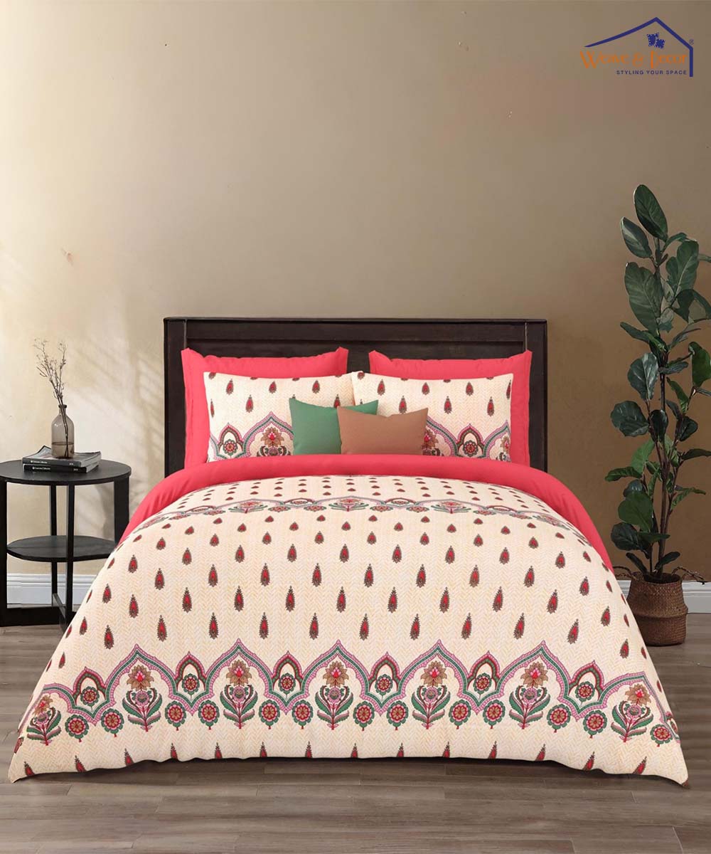 Coral Floral Bliss – 200 GSM Pure Cotton Double Bedsheet with Pillow Covers | 90x100 inches